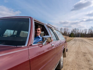 Photo of Matt in the Campaign Wagon